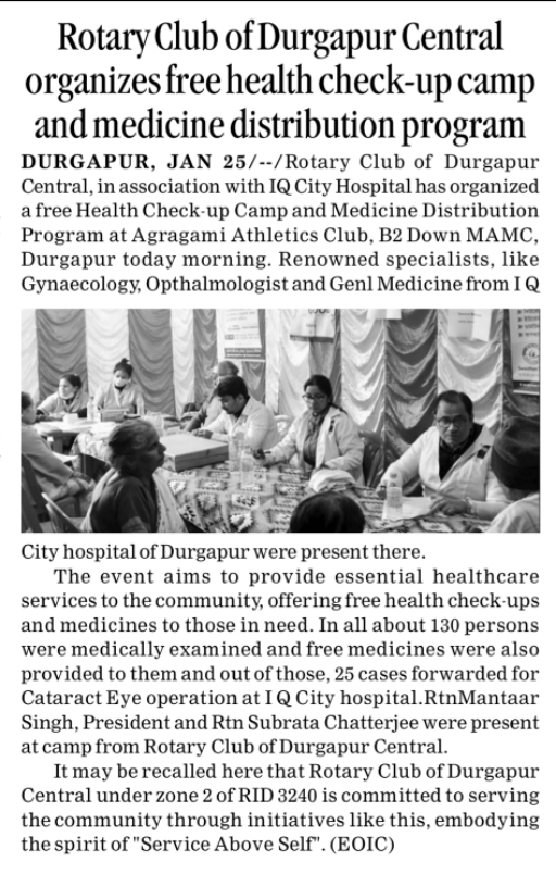 Newspaper coverage of Free Health check up camp 