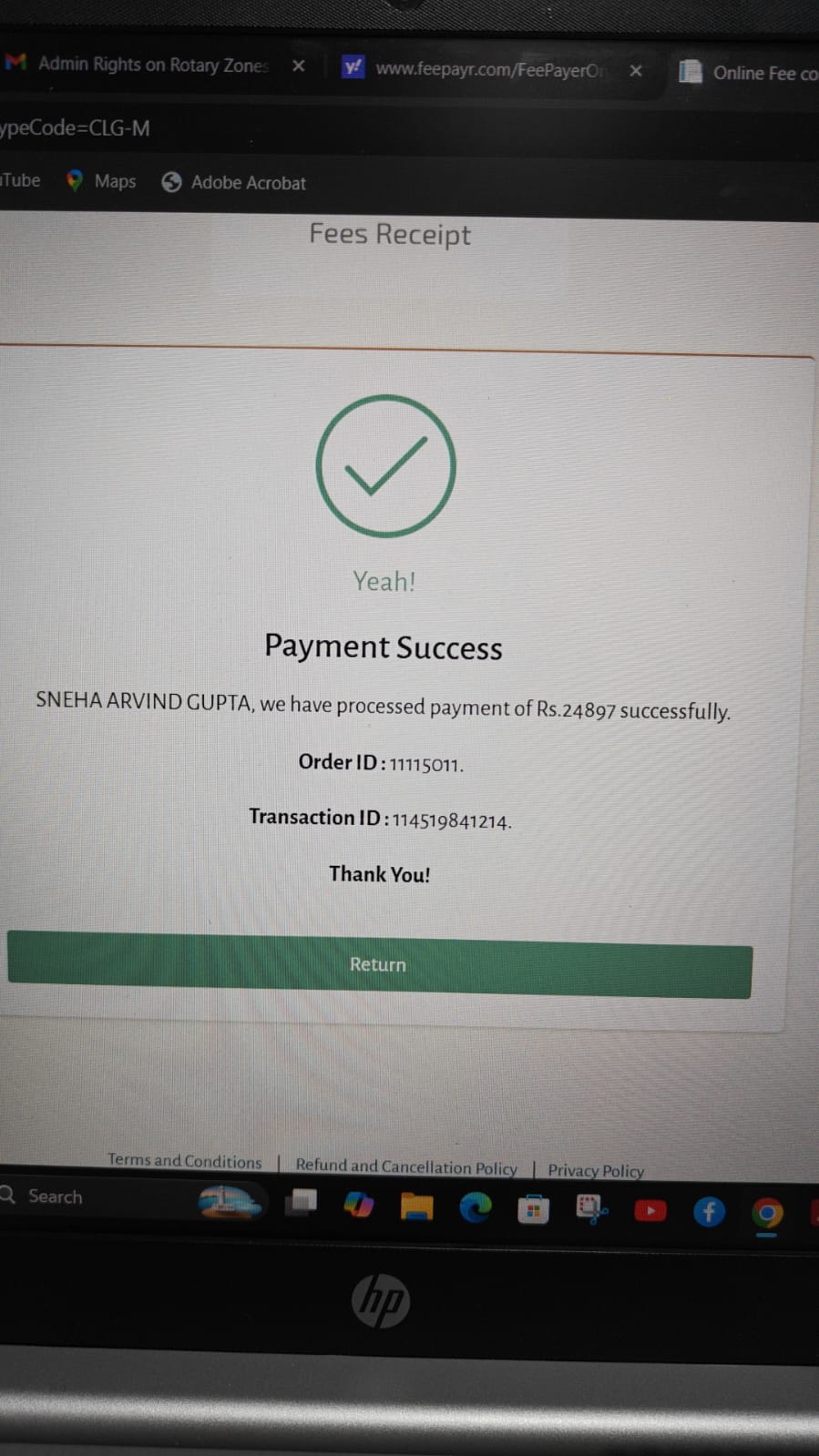 Fees paid for Sneha Arvind Gupta - TYBBI