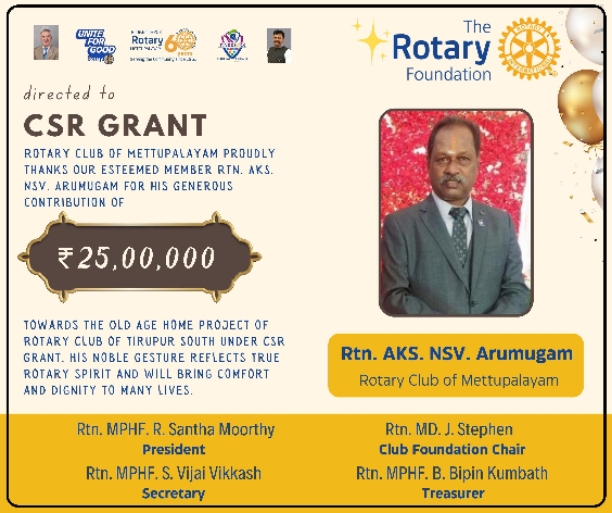 Rtn.NSV. Arumugam CSR to Rotary Old age Home