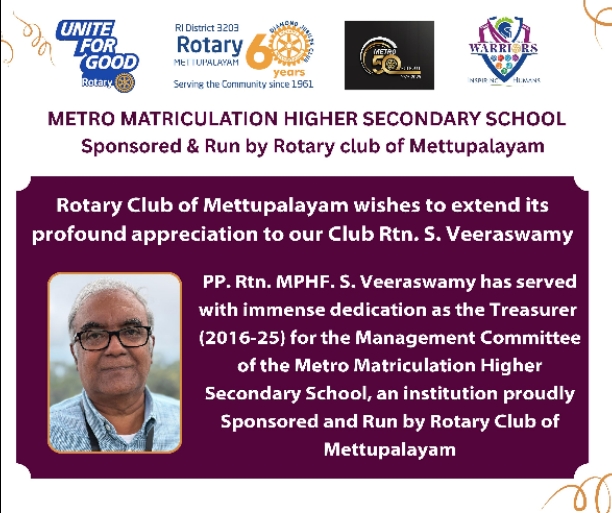 Appreciation to our Club Rtn.S.Veeraswamy.